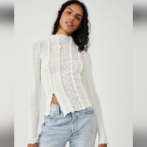 Free People Cream Ribbed Lace-Front Long Sleeve Top